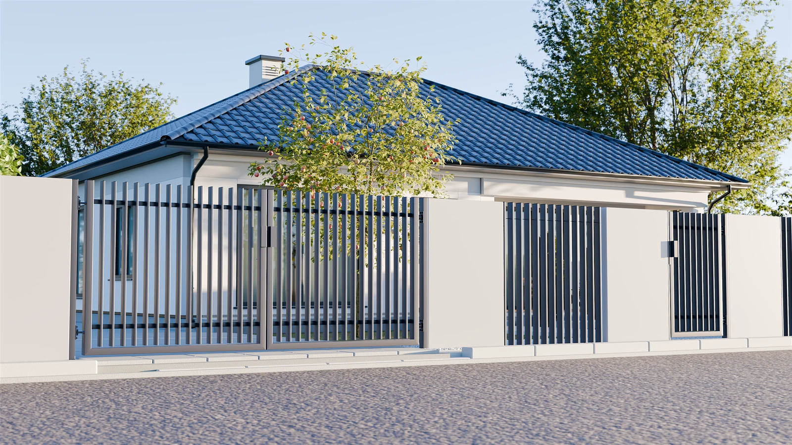 Wizualizacja producenta: pełne moduły Konsport K-WALL przy bramie i furtce