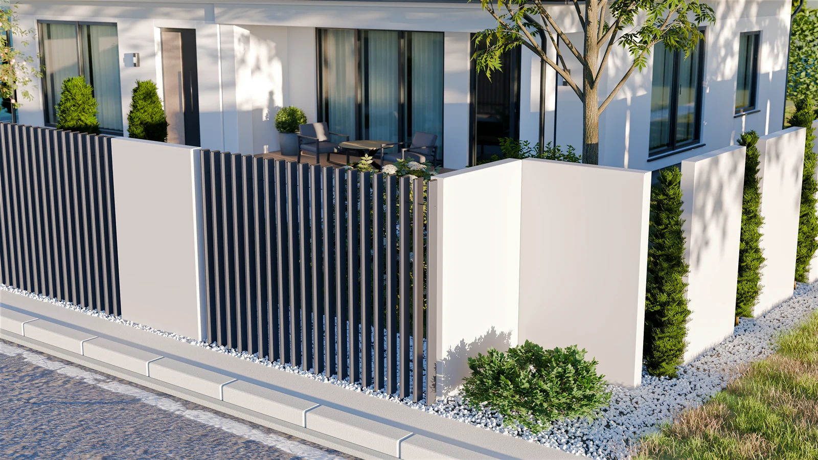 Wizualizacja producenta: K-WALL i pionowe przęsła przy nowoczesnym domu
