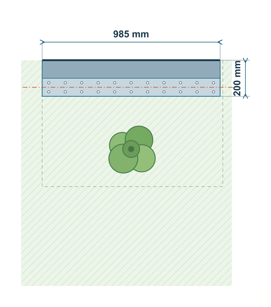 Rzut z góry K-WALL 985 × 200 mm, oś pasa kotwienia i poglądowe miejsce nasadzenia