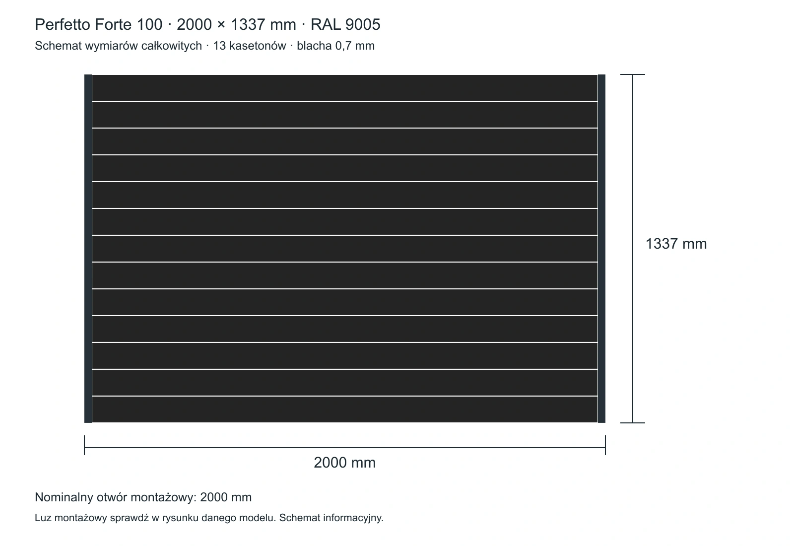 Dokładny schemat wariantu Perfetto 100: 2000 × 1337 mm, 13 kasetonów, RAL 9005