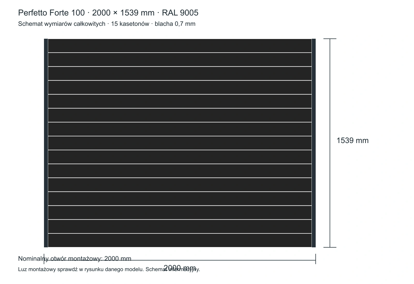Dokładny schemat wariantu Perfetto 100: 2000 × 1539 mm, 15 kasetonów, RAL 9005