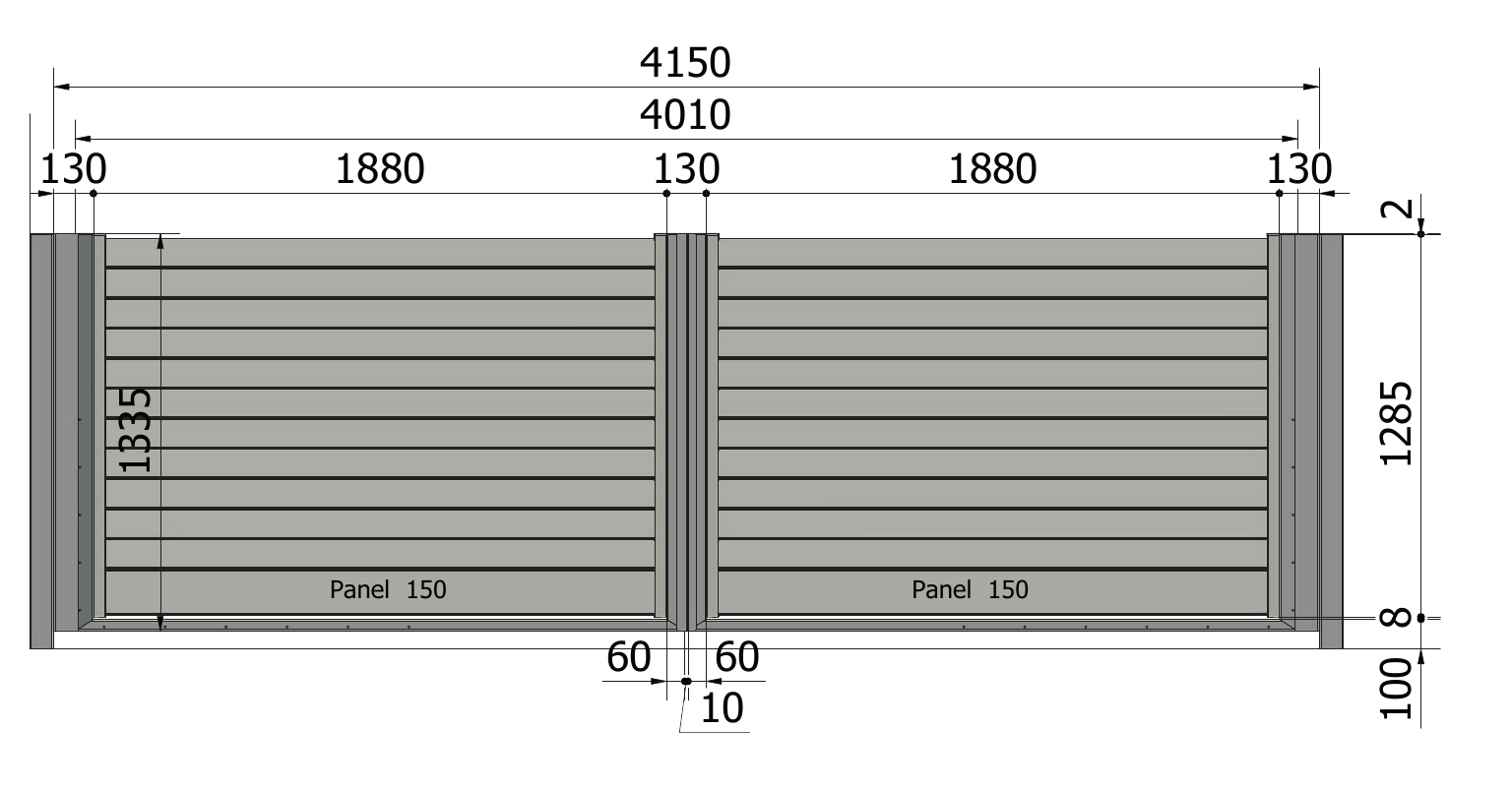 Rysunek bramy Perfetto 100: szerokość 4010 mm, wysokość 1335 mm, światło 4150 mm