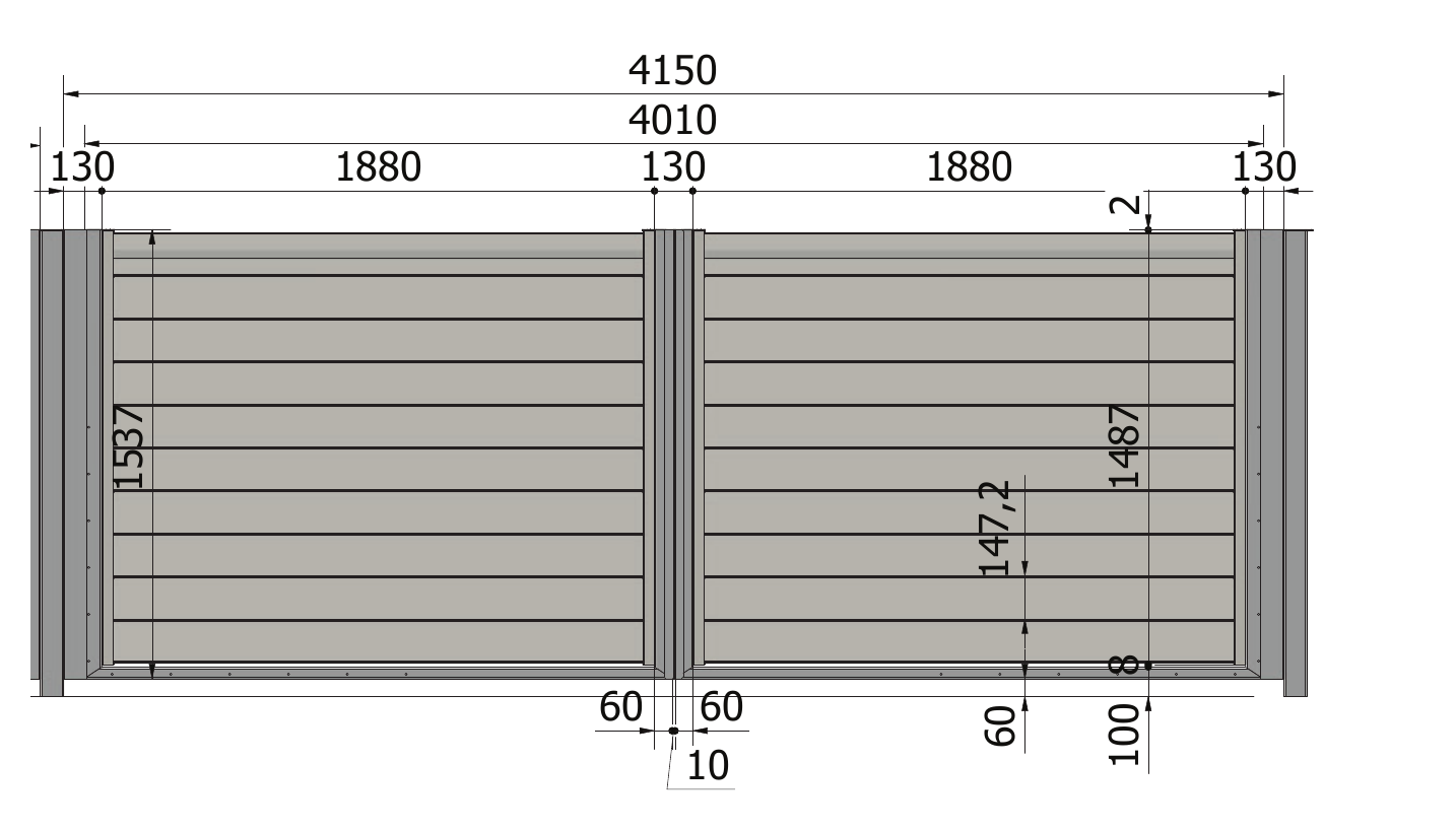 Rysunek bramy Perfetto 150: szerokość 4010 mm, wysokość 1537 mm, światło 4150 mm