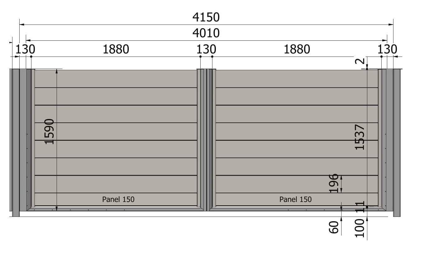 Rysunek bramy Perfetto 200: szerokość 4010 mm, wysokość 1590 mm, światło 4150 mm