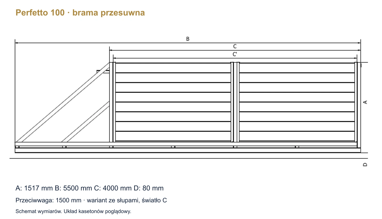 Schemat bramy Perfetto 100: światło 4000 mm, wysokość 1517 mm, długość całkowita 5500 mm