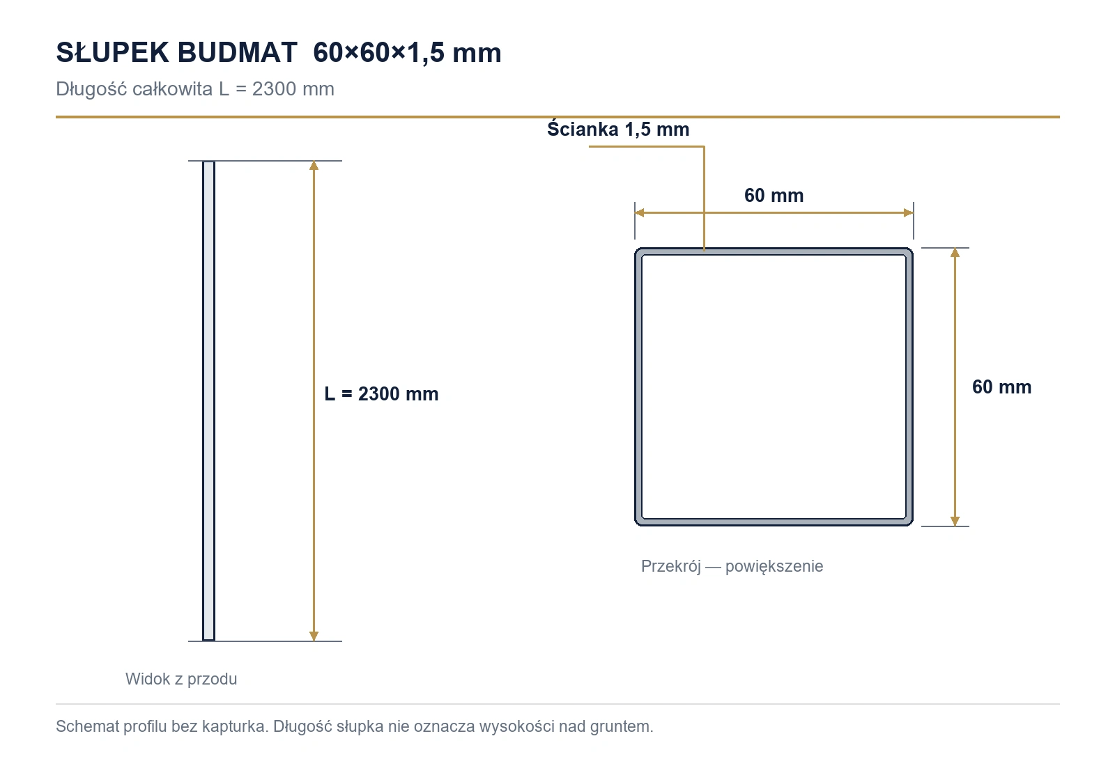 Wymiary słupka: 60×60×1,5 mm, długość 2300 mm