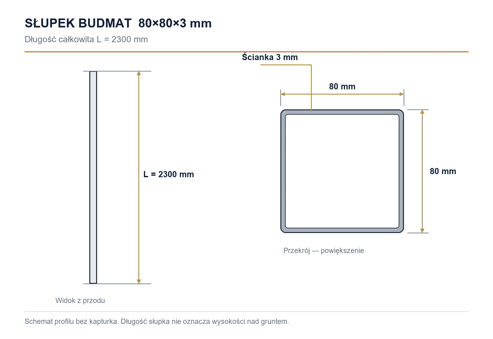 Wymiary słupka: 80×80×3 mm, długość 2300 mm