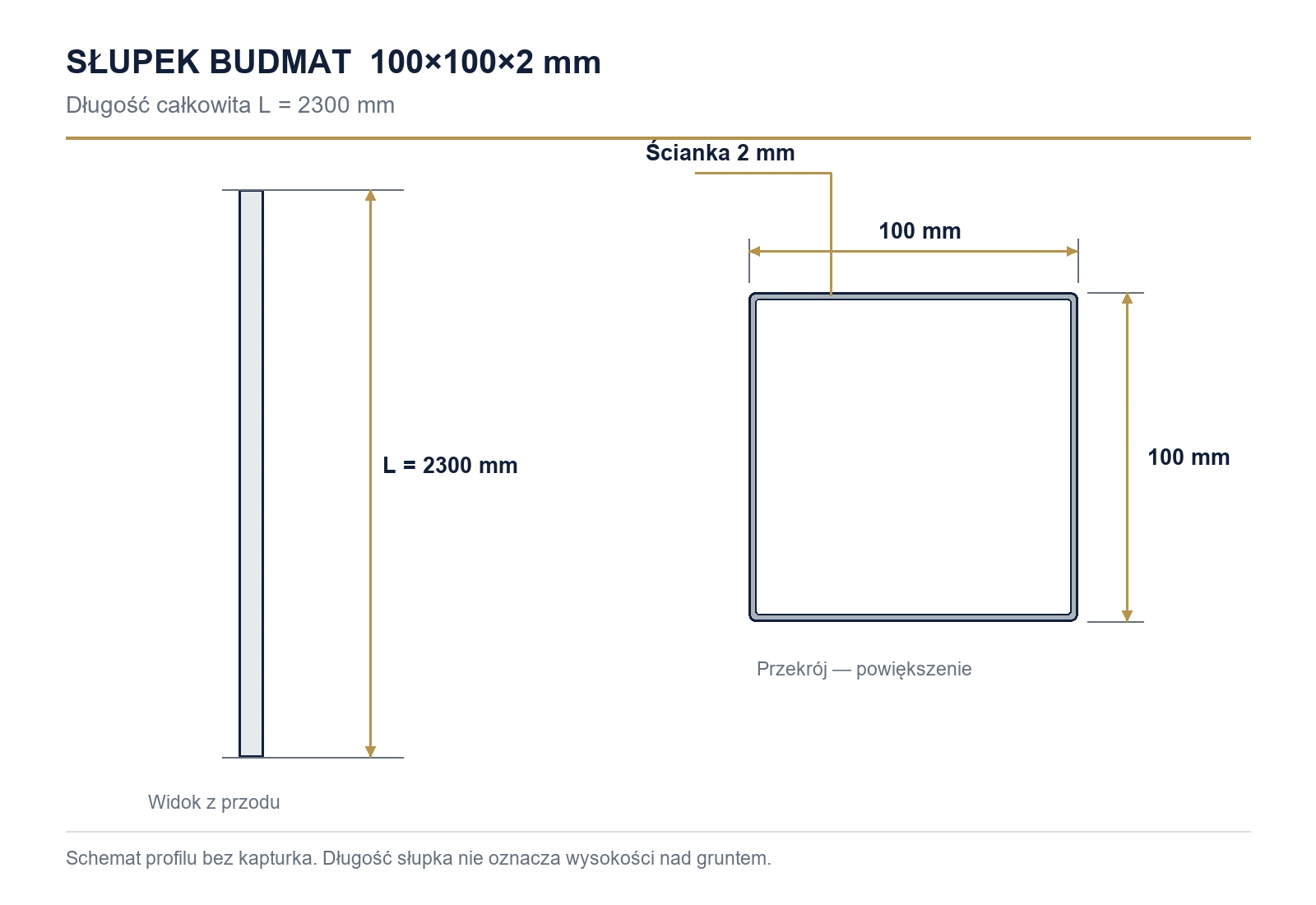 Wymiary słupka: 100×100×2 mm, długość 2300 mm