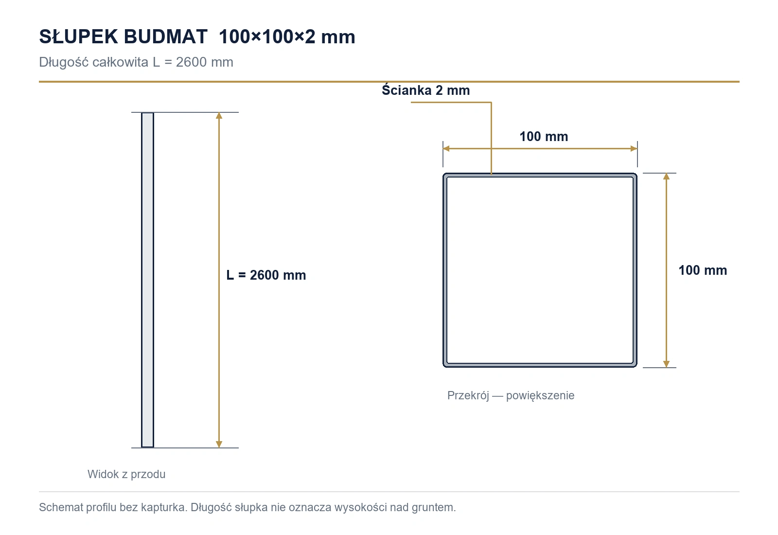 Wymiary słupka: 100×100×2 mm, długość 2600 mm