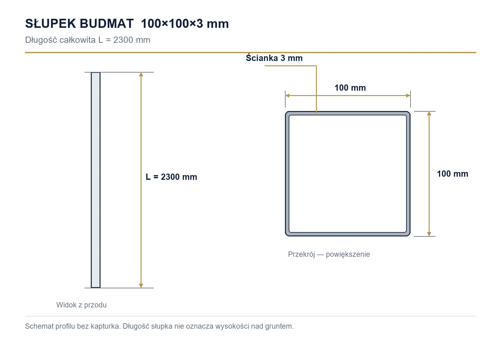 Wymiary słupka: 100×100×3 mm, długość 2300 mm