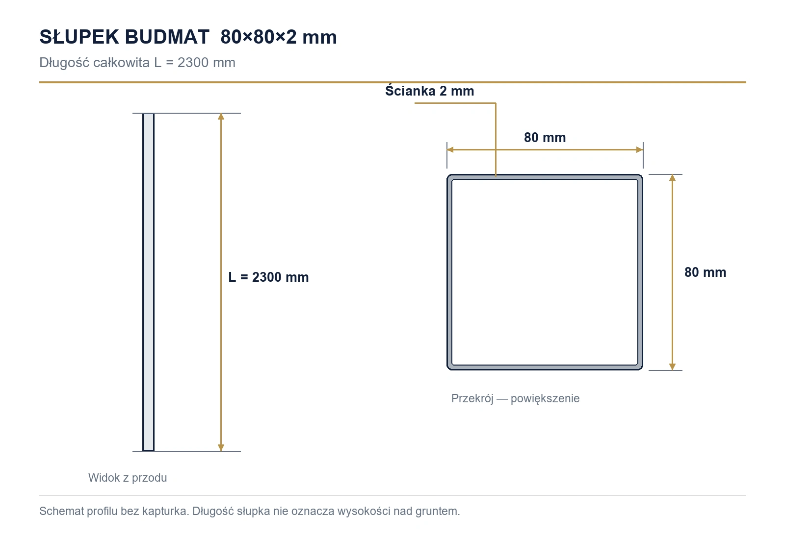 Wymiary słupka: 80×80×2 mm, długość 2300 mm